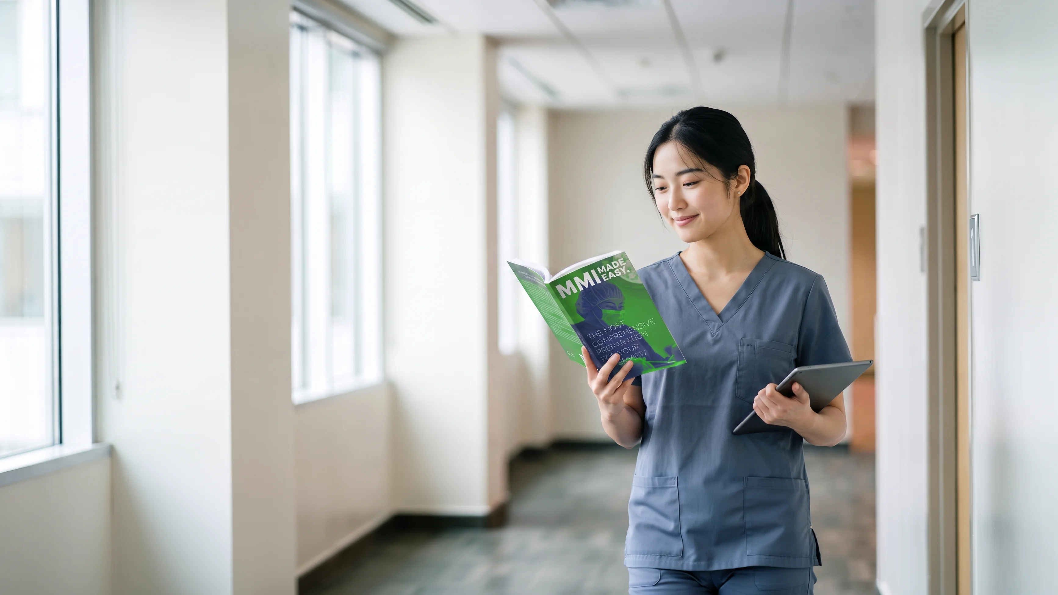 Student in scrubs reading a preparation book while walking through a hospital corridor